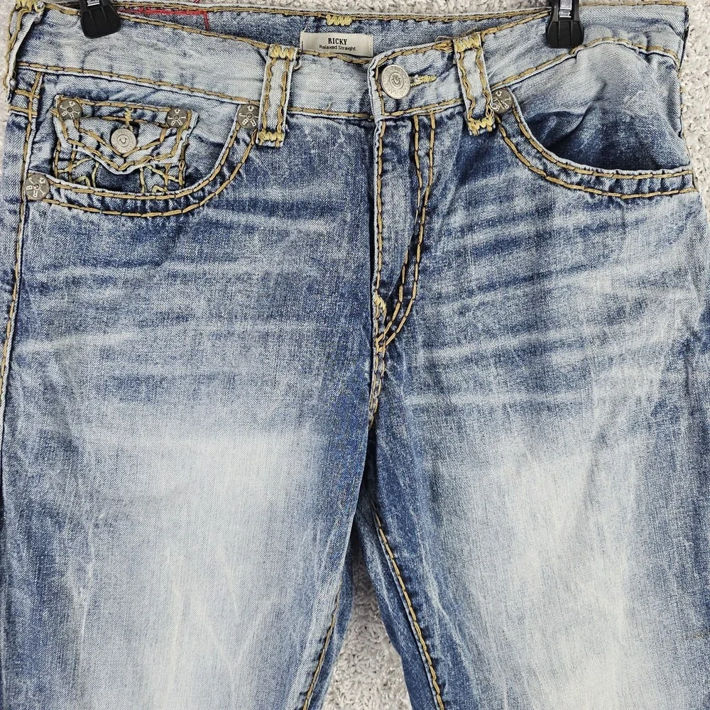 True Religion Ricky Jeans Men's Blue Relaxed Straight Acid Wash Jeans 36x33